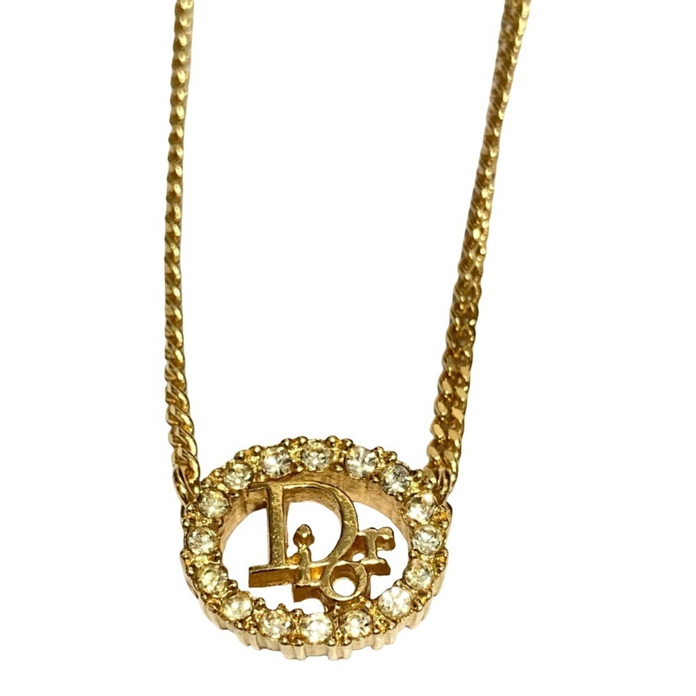 Christian Dior Vintage Logo Rhinestone Necklace, Gold Color, Women's